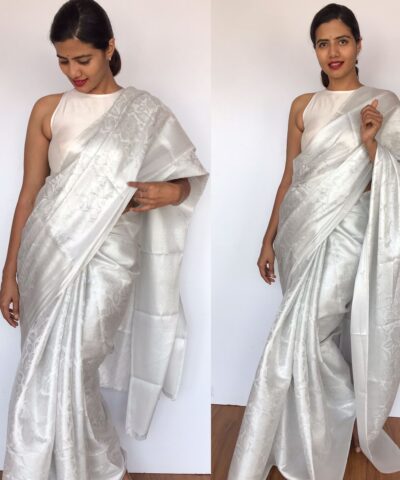 White Banarasi Silk Saree with Silver Zari Weaves