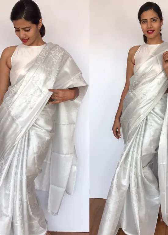 White Banarasi Silk Saree with Silver Zari Weaves