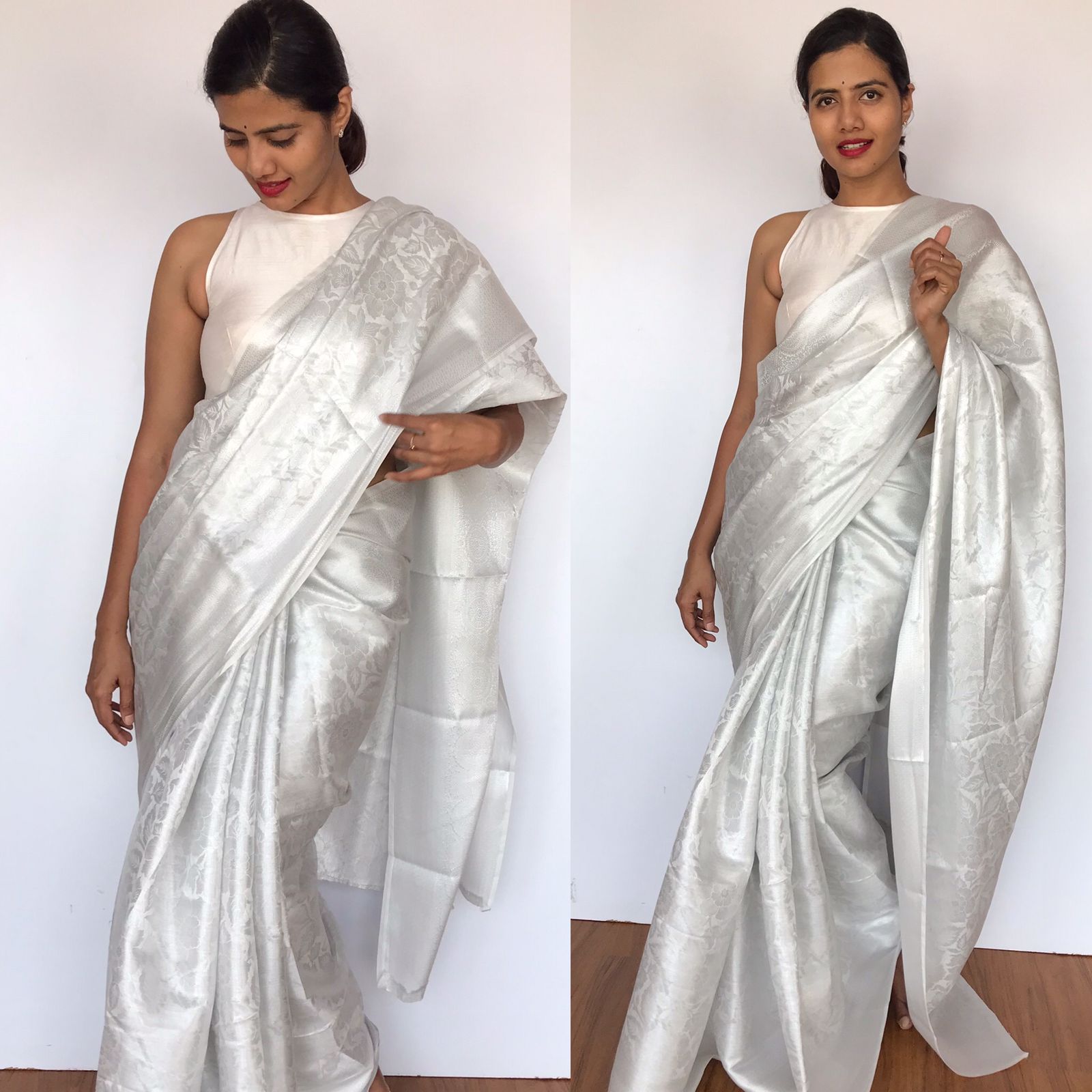 Pure White Banarasi Saree with Silver Zari Weaves | Mirra clothing