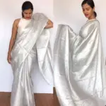White Banarasi Silk Saree with Silver Zari Weaves - Image 6