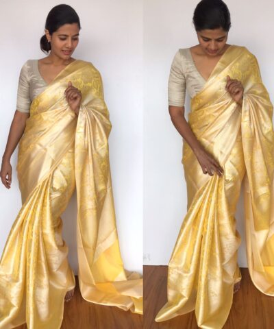 Butter Yellow Banarasi Silk Saree with Silver Zari Weaves