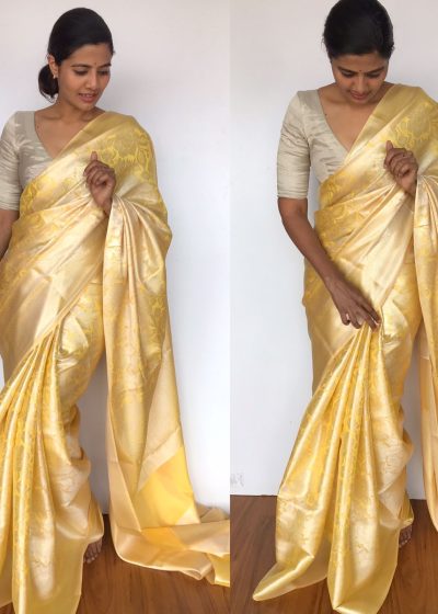 Butter Yellow Banarasi Silk Saree with Silver Zari Weaves