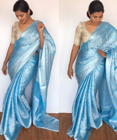 Blue Banarasi Silk Saree with Silver Zari Weaves