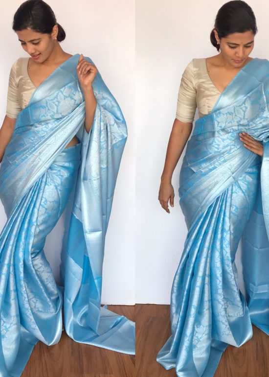 Blue Banarasi Silk Saree with Silver Zari Weaves