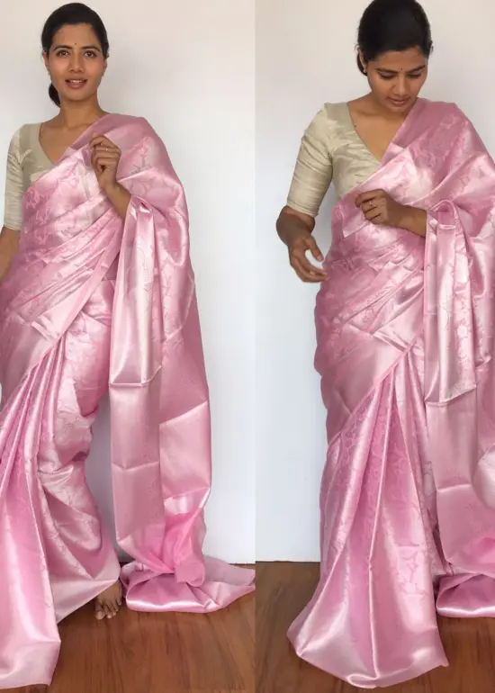 Baby Pink Banarasi Silk Saree with Silver Zari Weaves