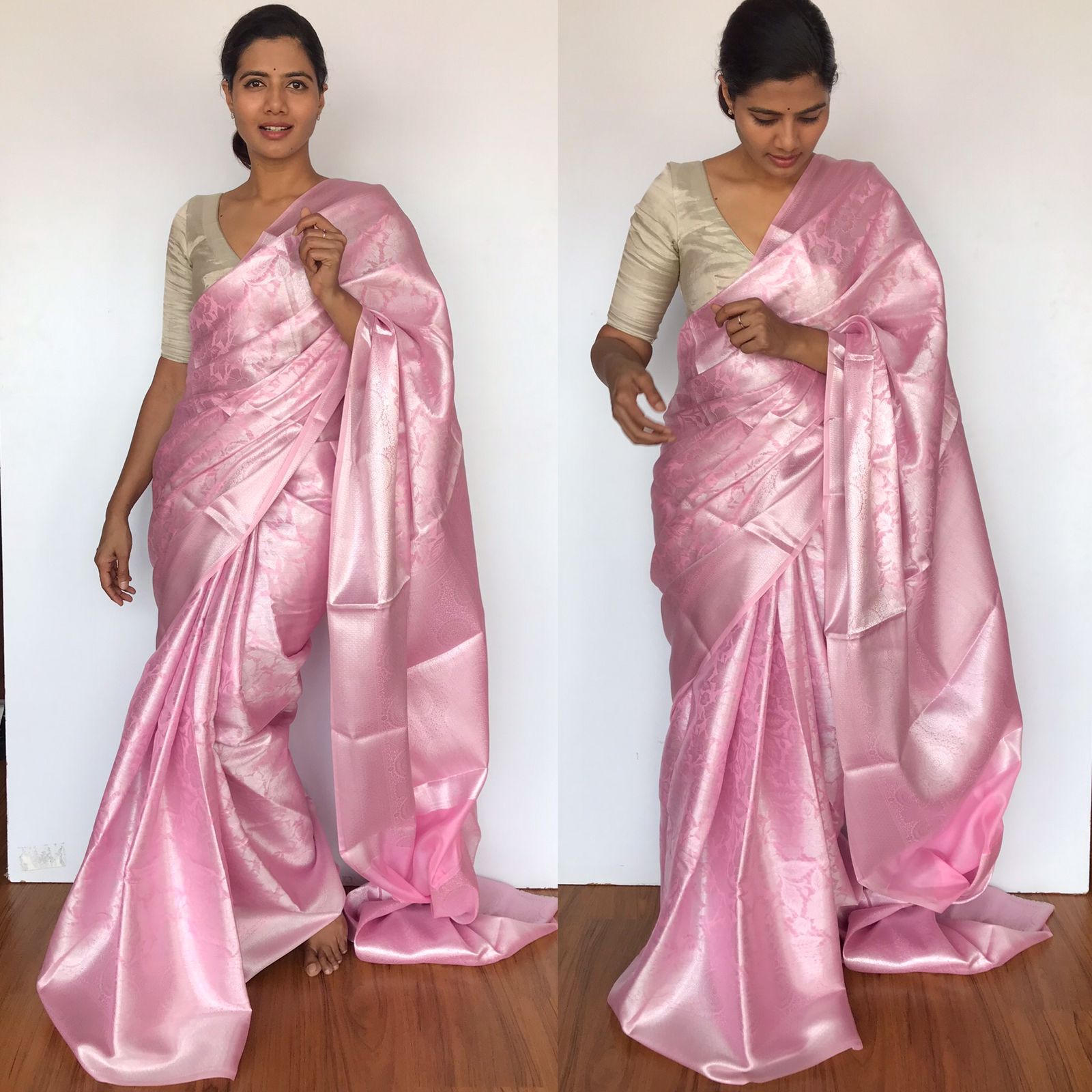 Baby Pink Banarasi Silk Saree with Silver Zari Weaves - Mirra Clothing