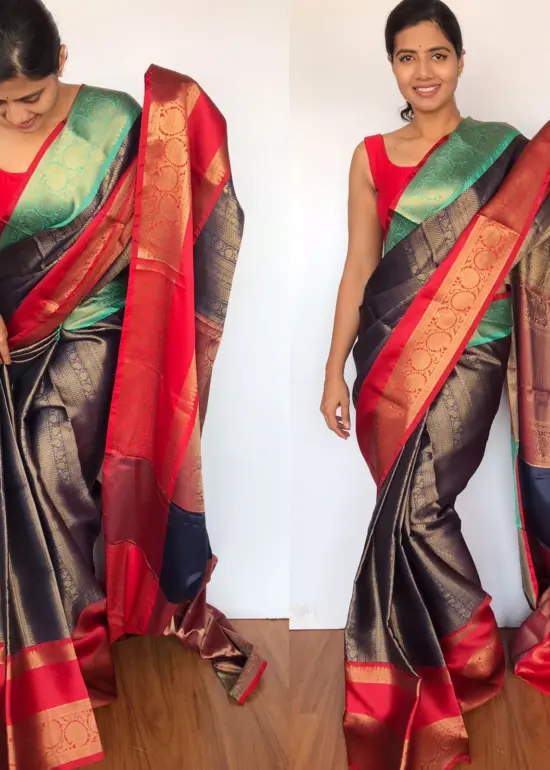 Navyblue Kora Silk Saree with Gold Zari Weaves