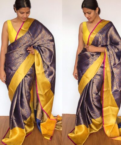 Royal Blue Kora Silk Saree with Gold Zari Weaves