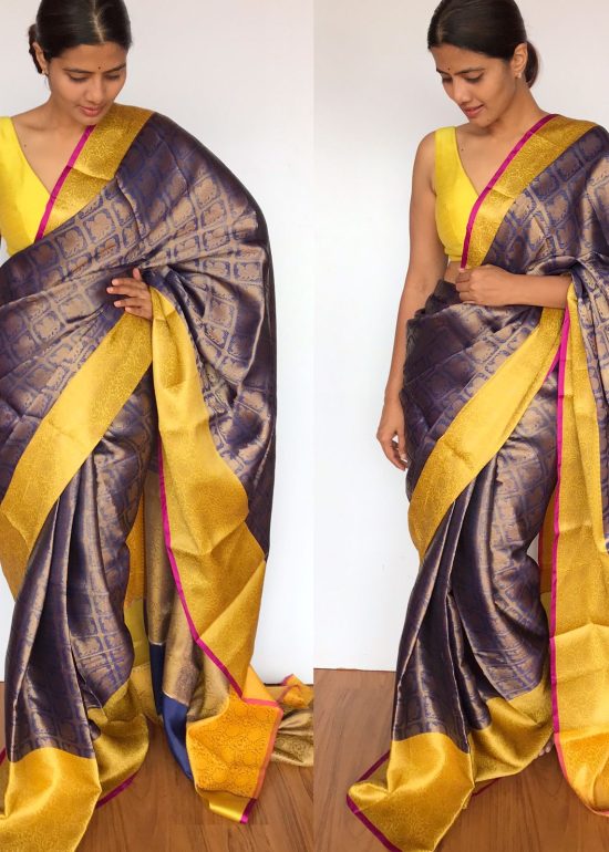 Royal Blue Kora Silk Saree with Gold Zari Weaves