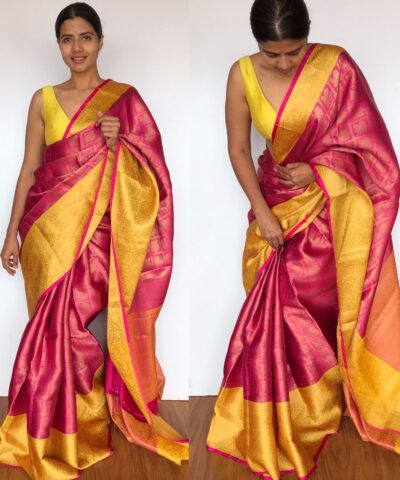 Pink Kora Silk Saree with Gold Zari Weaves
