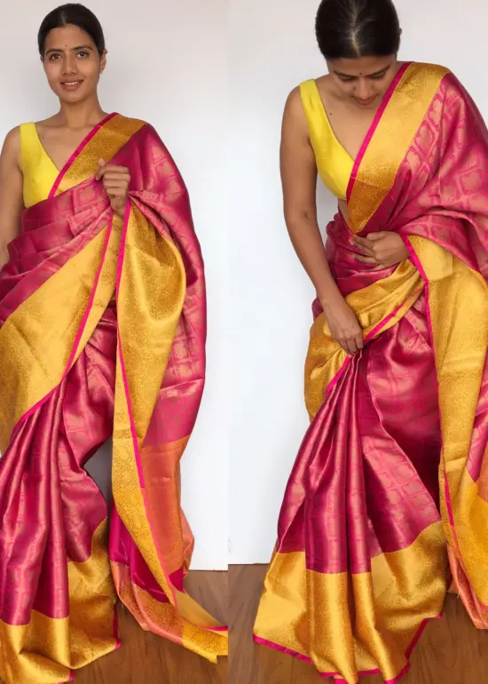 Pink Kora Silk Saree with Gold Zari Weaves