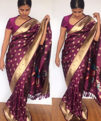 Wine Banarasi Silk Saree with Gold Zari Weaves