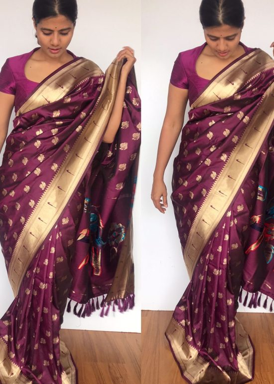 Wine Banarasi Silk Saree with Gold Zari Weaves