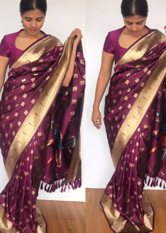 Wine Banarasi Silk Saree with Gold Zari Weaves