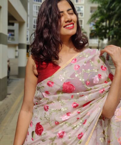 Pink Organza Silk Saree with Beautiful Floral Embroidery