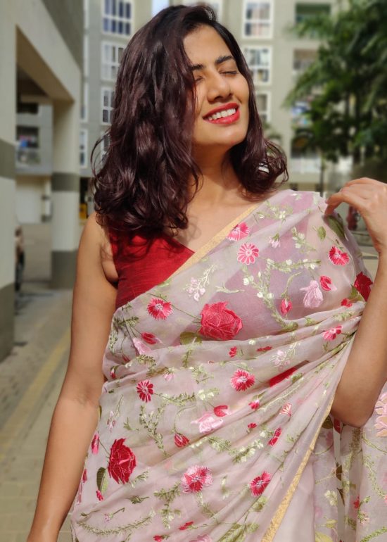 Pink Organza Silk Saree with Beautiful Floral Embroidery