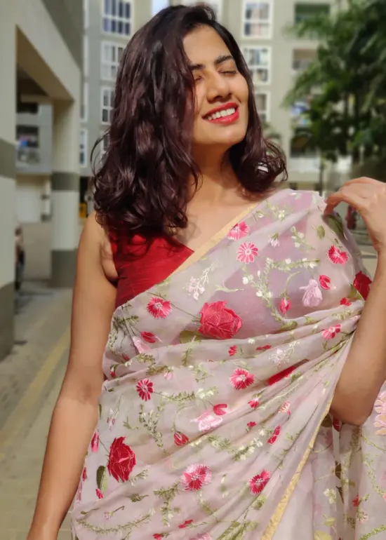 Pink Organza Silk Saree with Beautiful Floral Embroidery