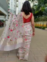 Pink Organza Silk Saree with Beautiful Floral Embroidery - Image 2