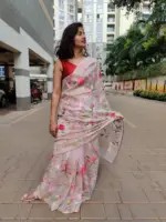 Pink Organza Silk Saree with Beautiful Floral Embroidery - Image 3