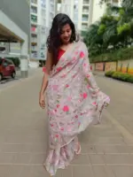 Pink Organza Silk Saree with Beautiful Floral Embroidery - Image 4