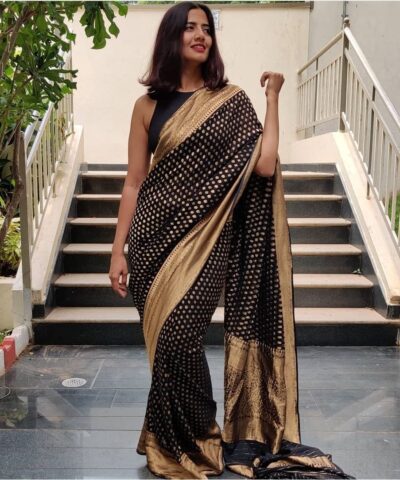 Black Banarasi Silk Saree In Georgette with Gold Zari Weaves