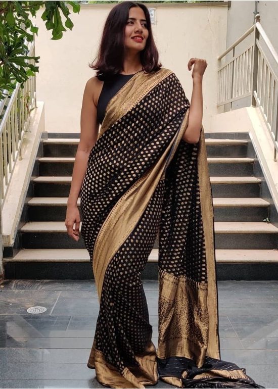 Black Banarasi Silk Saree In Georgette with Gold Zari Weaves
