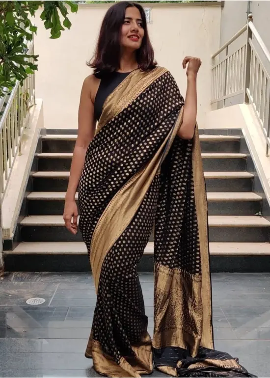 Black Banarasi Silk Saree In Georgette with Gold Zari Weaves