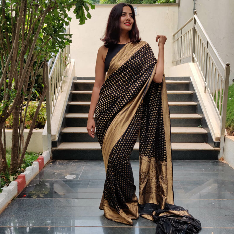 Black Banarasi Silk Saree In Georgette with woven zari motifs