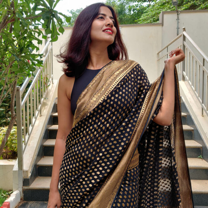 Black Banarasi Silk Saree In Georgette with woven zari motifs