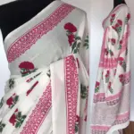 White Mul Cotton Saree with Hand Block Prints - Image 2