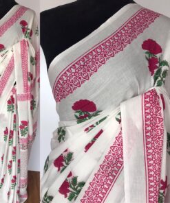 White Mul Cotton Saree with Hand Block Prints