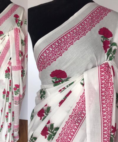 White Mul Cotton Saree with Hand Block Prints