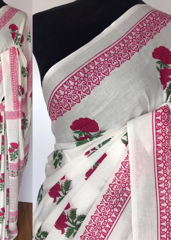 White Mul Cotton Saree with Hand Block Prints