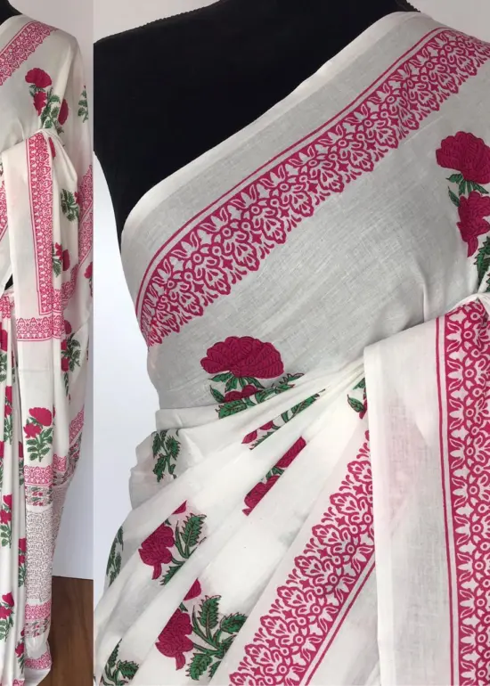 White Mul Cotton Saree with Hand Block Prints
