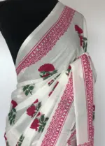 White Mul Cotton Saree with Hand Block Prints - Image 4