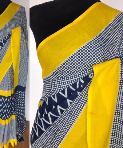 Blue Mul Cotton Saree with Hand Block Prints