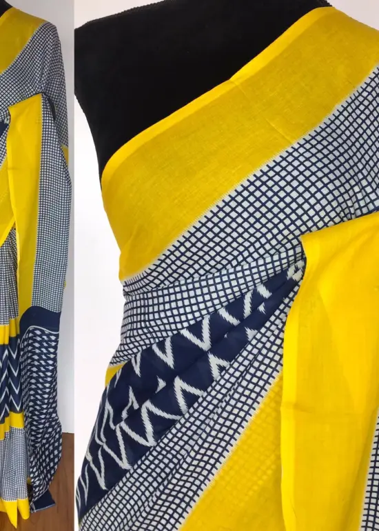 Blue Mul Cotton Saree with Hand Block Prints