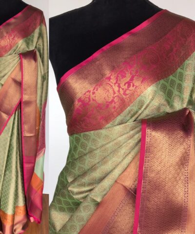 Sea Green Kora Silk Saree with Gold Zari Weaves