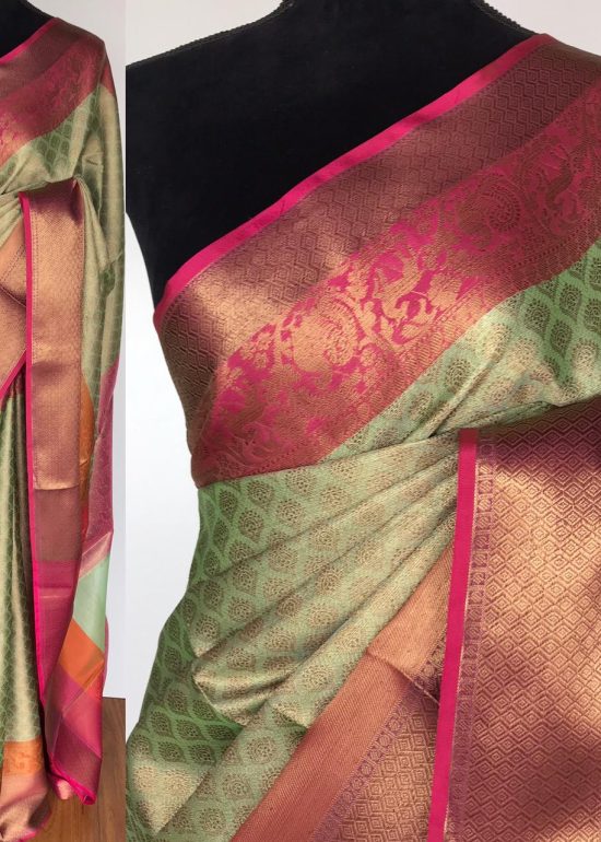 Sea Green Kora Silk Saree with Gold Zari Weaves