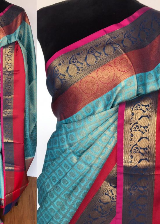 Blue Kora Silk Saree with Gold Zari Weaves