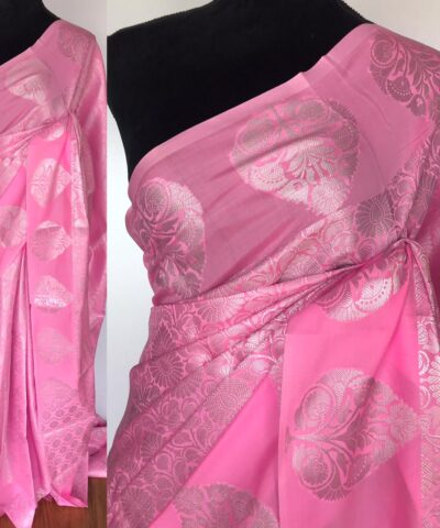 Baby Pink Banarasi Silk Saree with Silver Zari Weaves