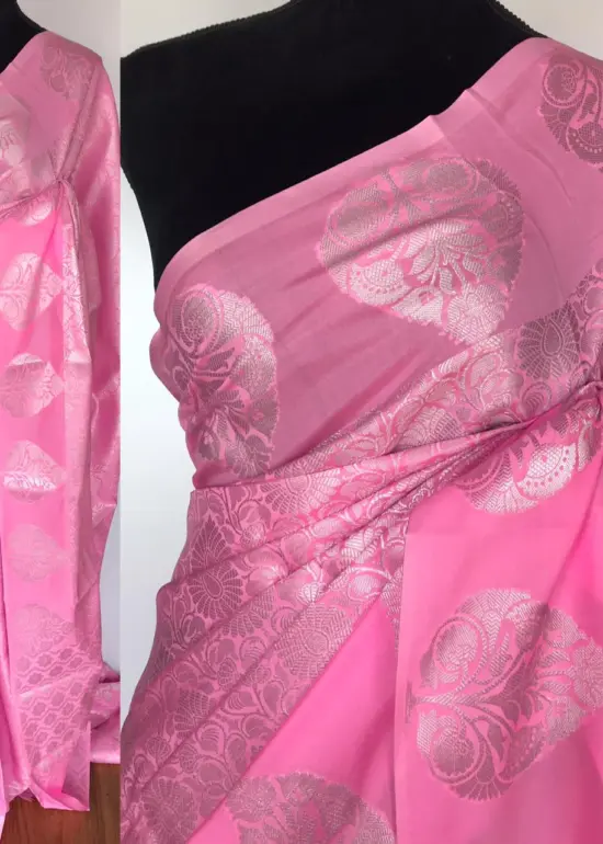 Baby Pink Banarasi Silk Saree with Silver Zari Weaves