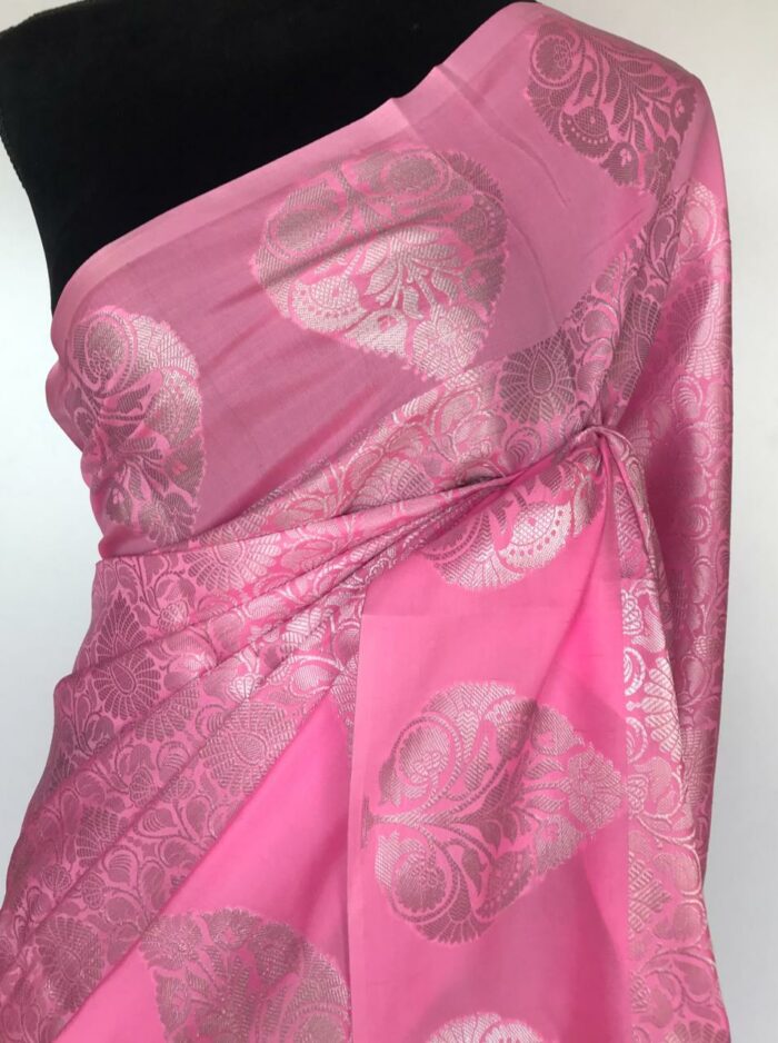 Pink Banarasi Silk Saree with Silver Zari Weaves