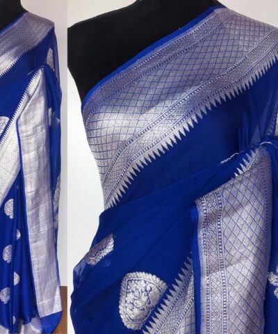 Cobalt Blue Banarasi Pure Khaddi Chiffon Saree