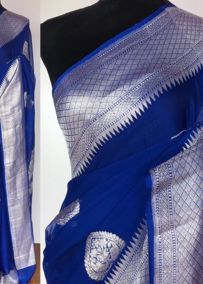 Cobalt Blue Banarasi Pure Khaddi Chiffon Saree