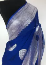 Cobalt Blue Banarasi Pure Khaddi Chiffon Saree - Image 3