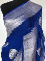 Cobalt Blue Banarasi Pure Khaddi Chiffon Saree - Image 4
