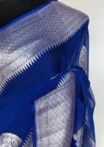 Cobalt Blue Banarasi Pure Khaddi Chiffon Saree - Image 6
