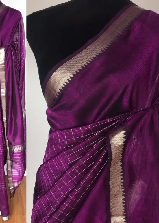 Magenta Mangalagiri Silk Saree with Silver Zari Checks