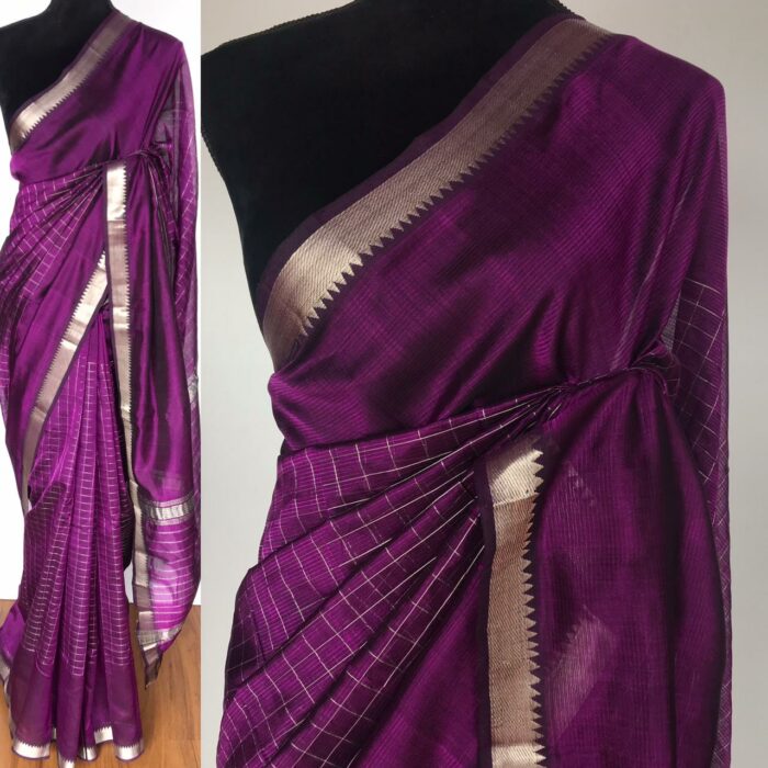 Magenta Mangalagiri Silk Saree with Silver Zari Checks